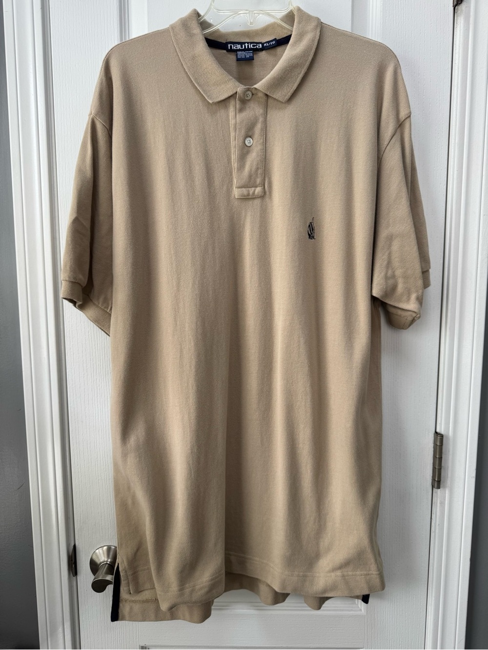 Vintage Nautica Men's Polo Shirt in Tan with Small Navy Logo